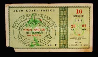 1954 Belépő a Népstadionba az Aranycsapat és Anglia mérkőzésére (7:1). a meccs a 6:3 visszavágója volt