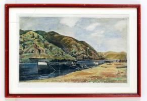 Vidovszky Béla (1883-1973): Dömösi táj. Színezett rézkarc, papír, jelzett, üvegezett (törött) keretben, 23×38 cm