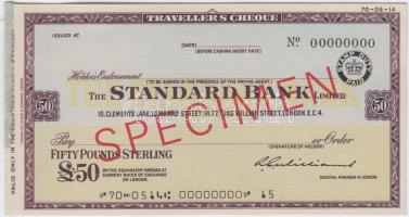 Nagy-Britannia DN "Standard Bank" 50Ł "SPECIMEN" utazási csekk T:I- (ragasztásnyom) Great Britain ND "Standard Bank" 50 Pounds "SPECIMEN" travellers cheque C:AU (gluemarked)