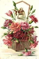 Cat in a basket, flower Emb. litho