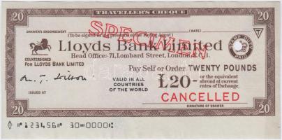 Nagy-Britannia DN "Lloyds Bank Limited" 20Ł "SPECIMEN" utazási csekk, lyukasztással érvénytelenítve T:I- (hajtatlan) Great Britain ND "Lloyds Bank Limited" 20 Pounds "SPECIMEN" travellers cheque, cancelled with hole C:AU (unfolded)