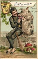 New Year, chimney sweeper with pig, champagne, mushrooms litho (b)