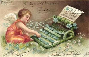 Love greeting card, angel with typewriter, flowers Emb. litho