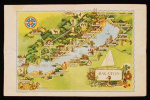 cca 1970 Rajzos offset Balaton térkép, kiemelve a környékbeli fontosabb városok; Szűcs Pál rajza, Bp., Képzőművészeti Alap Kiadóvállalata, 23×15,5 cm