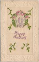 Birthday, embroidered greeting card, Emb. Születésnapi hímzett üdvözlőlap, dombornyomott