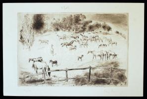 Láng Rudolf (1904-1991): Ménes. Rézkarc, papír, jelzett, 18×28 cm