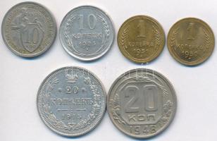 Oroszország 1915. 20k Ag + Szovjetunió 1924-1951. 1k (2xklf) + 10k (2xklf) + 20k T:vegyes Russia 1915. 20 Kopeks Ag + Soviet Union 1924-1951. 1 Kopek (2xdiff) + 10 Kopeks (2xdiff) + 20 Kopeks C: Krause Y#22a.2,86,95,112,118