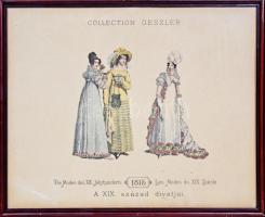 cca 1895 Collection Geszler: A XIX. század divatjai - Die Moden des XIX. Jahrhunderts - Les Modes du XIX. Sciecle: 1808. Kőnyomat, üvegezett keretben / Litho fashion picture, 49x59cm