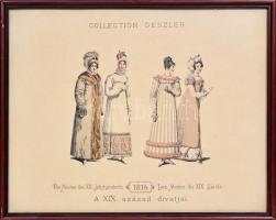 cca 1895 Collection Geszler: A XIX. század divatjai - Die Moden des XIX. Jahrhunderts - Les Modes du XIX. Sciecle. Kőnyomat, üvegezett keretben / Litho fashion picture, 49x59cm