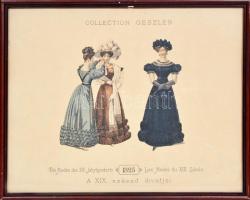 cca 1895 Collection Geszler: A XIX. század divatjai - Die Moden des XIX. Jahrhunderts - Les Modes du XIX. Sciecle. Kőnyomat, üvegezett keretben / Litho fashion picture, 49x59cm
