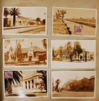 cca 1930-1960 Egy világutazó emlékei. Nagy album tele beragasztott képeslapokkal az egész világból. Európa, Amerika, Távol-Kelet. Gyakori és ritkább lapok, összesen kb 400 db + néhány családi fotó, közte érdekesebbek is. / Large collection of a world traveller. About 400 glued in postcards of cities of Europe, America and Far-East.