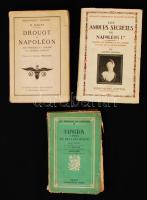 3 db Napóleonról szóló könyv: Meyrac, Albert: Les amours secrètes de Napoléon Ier daprès les pamphlets de lépoque et ceux de la restauration. Párizs, [1925], Albin Michel (Chroniques indiscrètes et galantes dautrefois). Kicsit szakadt papírkötésben.; Napoléon a bord du Bellérophon. Souvenirs du capitaine de vaisseau F. L. Maitland, et de laspirant de marine George Home. Párizs, 1934, Les petits-fils de plon et nourrit (Les témoins de lépopée 3.). Papírkötésben, a gerince és az elülső kötéstábla félig elválik; Sérieyx, W.: Drouot et Napoléon. Vie héroïque et sublime du général Drouot. Párizs, 1929, J. Tallandier. Kicsit szakadt papírkötésben, egyébként jó állapotban.