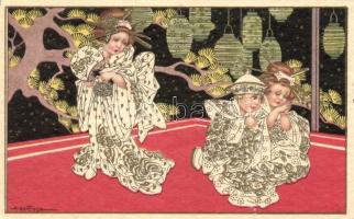 Children in Japanese dress, Italian art postcard Majestic CCM 2499. s: Bertiglia