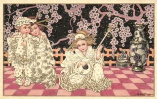 Children in Japanese dress, Italian art postcard Majestic CCM 2499. s: Bertiglia