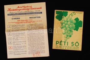 1942 A Meinl Gyula R.T. Háztartásgazdasági Tanácsadójának étrenddel, receptekkel kapcsolatos nyomtatványa, és a Péti só hatása a szőlőben című tájékoztató nyomtatvány