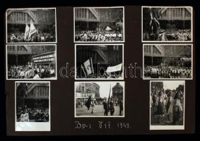 1949 Bp., Világifjúsági Találkozó, budapesti utcai felvonulás, izraeli küldöttség, 9 db fotó albumlapra ragasztva, feliratozva, 9×6 cm