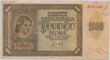 Független Horvát Állam 1941. 1000K T:III Independent State of Croatia 1941. 1000 Kuna C:F