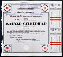 Budapest 1946. "Magyar Czukoripar - Részvénytársaság" részvényelismervény 10db egyenként 100P névértékű részvényről, szárazpecséttel, szelvényekkel, felülbélyegzett T:II