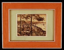 Conrád Gyula (1877-1959): A Tabán látképe. Rézkarc, papír, jelzett, üvegezett keretben, 11x9 cm