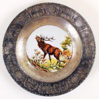 SKS vadász jelenetes ón fali dísztányér porcelán betéttel, matricás, jelzett, hibátlan, d:23 cm