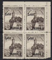 1946 DUBE letéti bélyeg ívsarki négyestömb hátoldalán lila DUBE bélyegzés