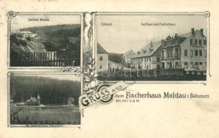 Moldau i. Böhmen; Gasthaus zum Fischerhaus, Bahnhof, Kgl. Jagdschloss Rehefeld / guest house, railway station, hunting castle, floral Art Nouveau (Rb)