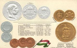 Osztrák-magyar korona és fillér / Austro-Hungarian Krone, Heller, flag, golden and silver coins Emb. litho