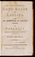 Marci Tulii Ciceronis Cato Maior et Laelius seu de senectute et amicitia dialogi et Paradoxa. Lignitium [Liegnitz], 1792, David Siegert. Megviselt aranyozott félbőr kötésben, egyébként jó állapotban.