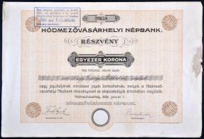 Hódmezővásárhely 1924. "Hódmezővásárhelyi Népbank" részvénye 1000K-ról, szelvényekkel, szárazpecséttel, felülbélyegezve T:III