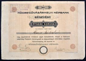 Hódmezővásárhely 1924. "Hódmezővásárhelyi Népbank" részvénye 500K-ról, szárazpecséttel, felülbélyegezve T:III