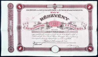 Budapest 1934. "Gschwindt-féle Szesz-, Élesztő-, Likőr- és Rumgyár Részvénytársaság" részvénye 125P-ről, szelvényekkel és szárazpecséttel T:III