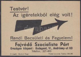 1937 Testvér! Az ígéretekből elég volt! A Fajvédő Szocialista Párt röplapja, 10x8 cm