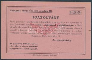 1925 Bp., Igazolvány a Budapesti Helyi Érdekű Vasutaktól a Széchenyi ünnepre utazáshoz