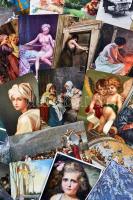 Kb. 700 db RÉGI motívumlap jó állípotban dobozban; sok művész, gyerek, vallás, híres ember, uralkodó, katonai, üdvözlő / Approx. 700 old motive cards in good shape in a box; many art, children, religion,