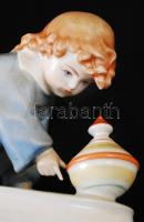 Zsolnay búgócsigával játszó gyerek, kézzel festett, jelzett (Sinkó), hibátlan, 13×15 cm / Handpainte...