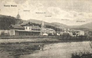 Dornavátra, railway station, church, hotel, casino, Verlag Eisig Schafer (wet corner)