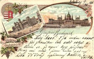 Budapest, Igazságügyi Minisztérium, Országház, gőzhajó, címer, szőlő, floral Art Nouveau litho (EB)