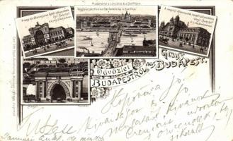 1899 Budapest, Keleti és nyugati pályaudvar, Alagút, Lánchíd, Bazilika, floral Art Nouveau litho (EK)