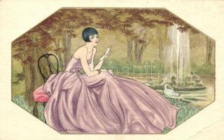 Italian art postcard, Lady in the forest s: D. Gobbi, Lila ruhás nő az erdőben, olasz művészeti képeslap s: D. Gobbi