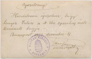 1923 Bp, Langer Júlia az Operaház énekkarából, hátoldalán igazolással, 14x9 cm