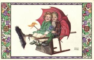 Children on a chair with umbrella, Art Nouveau, B.K.W.I. 587-2. s: August Patek