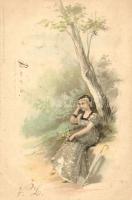 Lady under the tree, decorated litho (EK)