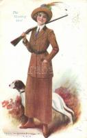 The shooting girl, female hunter with hunting dog, E. J. Hey & Co. Serie 846. s: Cecil W. Quinnel (EK)