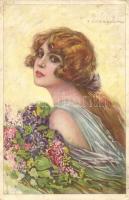 Italian art postcard, lady with flowers, Anna & Gasparini 516-4. s: T. Corbella, Hölgy virágokkal, olasz művészeti képeslap, Anna & Gasparini 516-4. s: T. Corbella