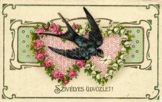 Bird, floral litho greeting card (EK)