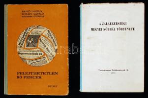 2 db könyv-Rejtő László-Lukács László-Szepesi György: Felejthetetlen 90 percek. A magyar labdarúgó-válogatott 400 mérkőzése. Bp., 1964, Sport. Kiadói félvászon kötés, fotókkal illusztrált, kopottas állapotban; Dr. Szilvás Ruolf(szerk.): A Zalaegerszegi Megyei Kórház Története. Tudományos közlemények 3. 1973. Kiadói papírkötés, kopottas állapotban.