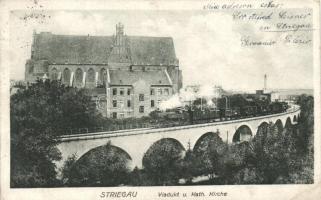 Strzegom, Striegau; Viadukt und Katholische Kirche / viaduct, church, train (EK)