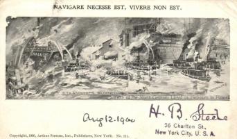 Piers of the North German Lloyd in Hoboken in Falmes, Burnt steamships; Saale, Main, Kaiser Wilhelm der Grosse, Bremen s: Friederang (EB)