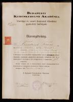 1928 Bp., A Budapesti Kereskedelmi Akadémia Vámügyi és vasúti (hajózási) díjszabási gyakorlati tanfolyamának sikeres elvégzéséről szóló bizonyítvány okmánybélyeggel