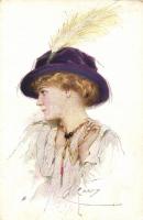 Lady with hat, M. Munk Nr. 1131. artist signed, Kalapos hölgy, M. Munk Nr. 1131. művész aláírásával